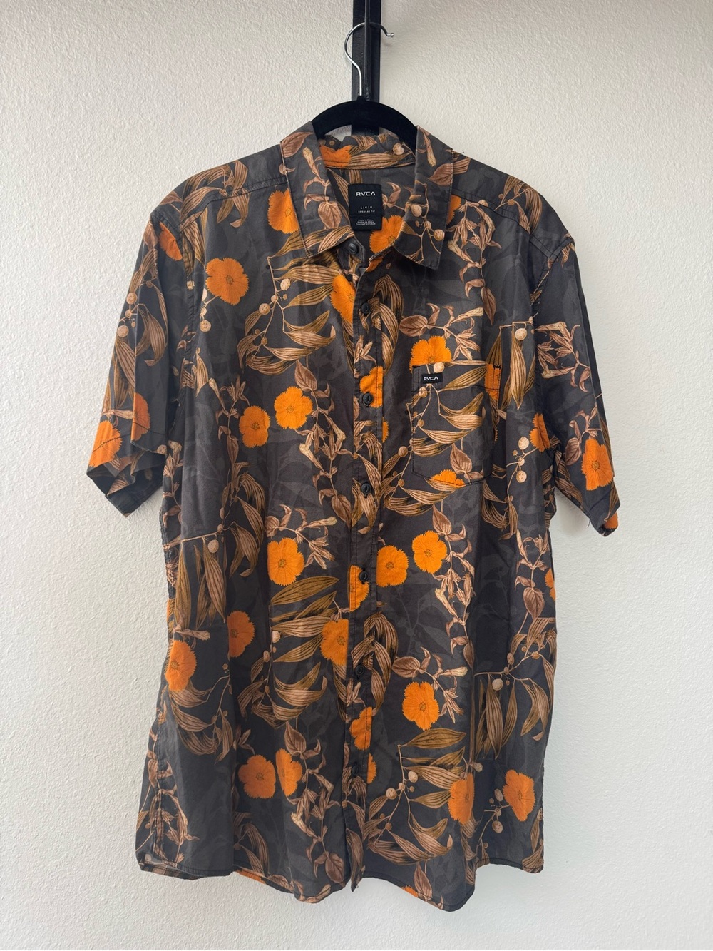 RVCA Black Short-Sleeve Floral Button-Up Shirt with Orange Accents